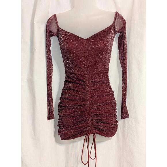 Dresses & Skirts - Showpo Burgundy Glitter Ruched Bodycon Mini Dress W/ Sheer Long Sleeves Sz 2